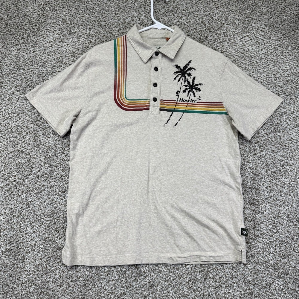 Howler Bros Polo Shirt Men's Size Medium Hawaiian Palm‎ Trees Rainbow Stripes